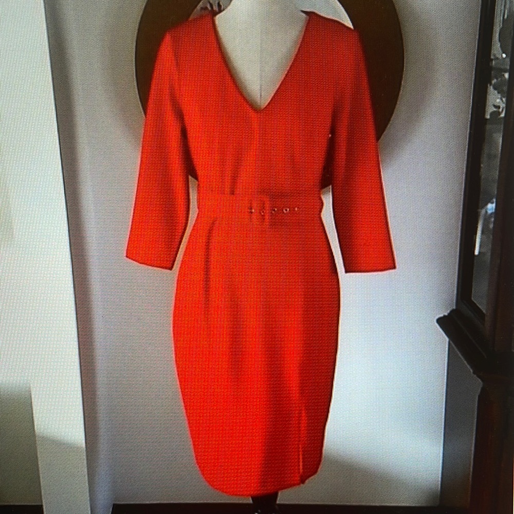 Red pencil v neck dress with optional belt included